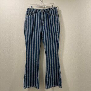 NASTY GAL Striped Fit & Flare Denim Jeans Hi Rise Wide Flare Contrast, Blue - 8